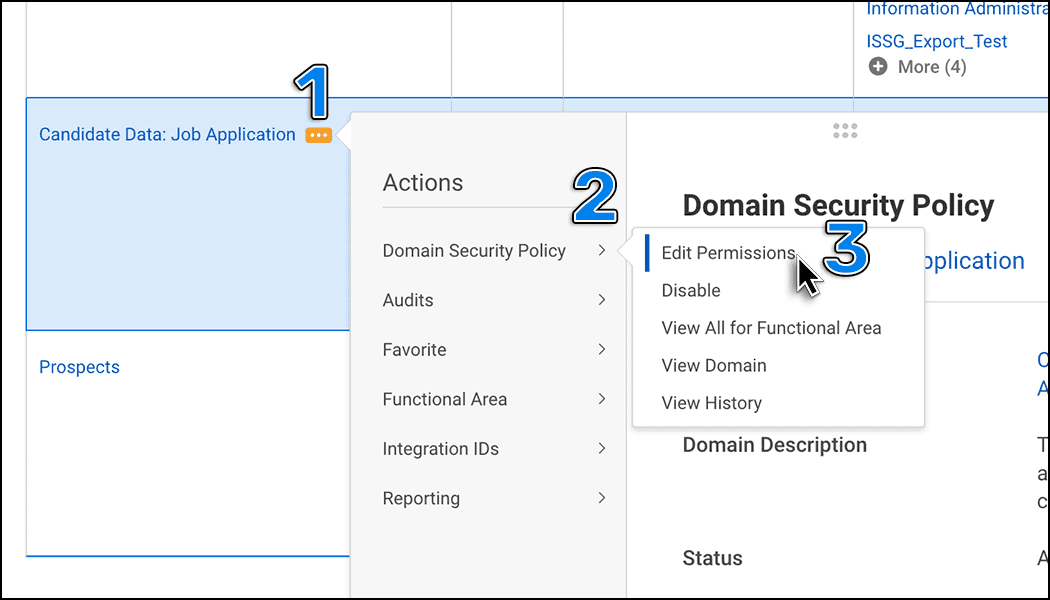 Click the three dots next to Candidate Data: Job Application, then click Domain Security Policy, then click Edit Permissions.