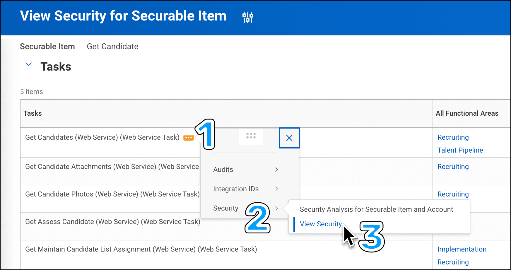 Screenshot of viewing security items for integration