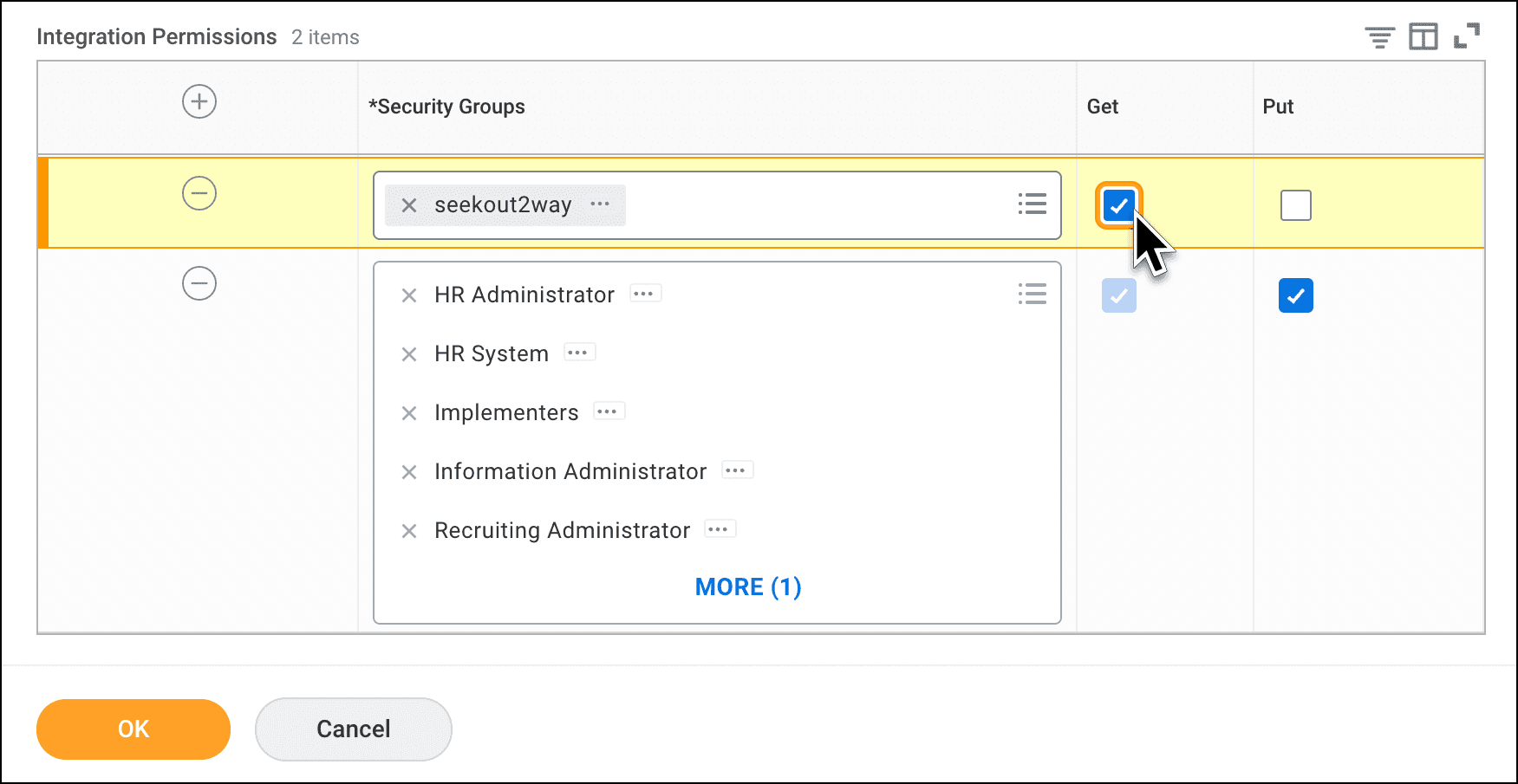 Screenshot of Workday permissions for security group