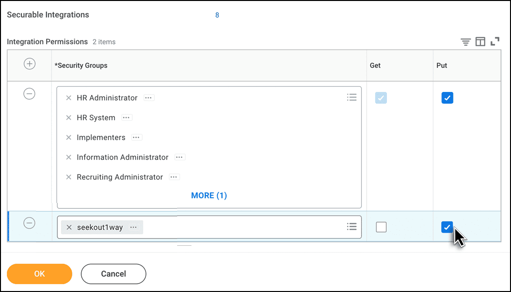 Scroll down to Integrations, click the Plus sign next to Security Groups, add your group to the list, and check the box for Put integrations.