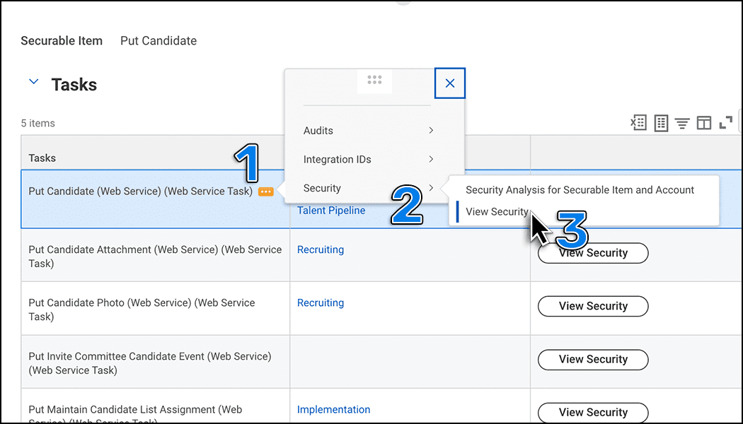 Click the three dots next to Put Candidate (Web Service) (Web Service Task), then click Security, then click View Security.