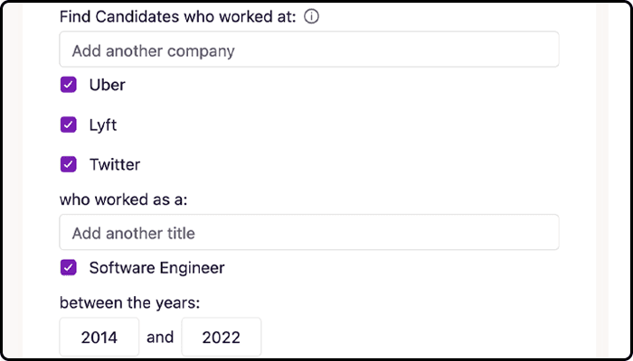 Use the Combined Experience filters to look for talent with very specific work skills and history.