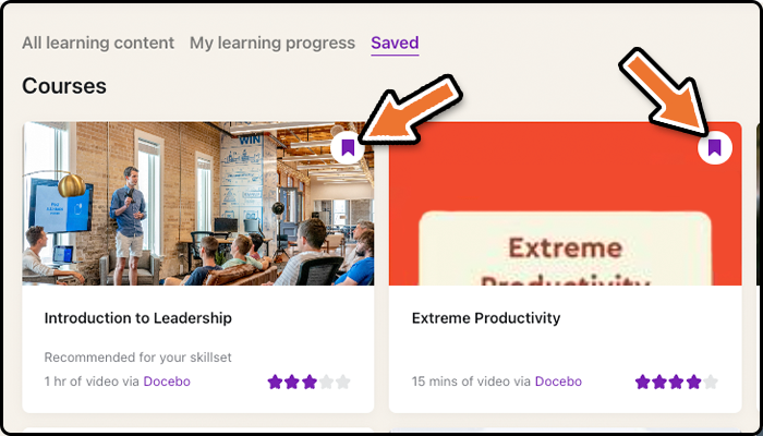 Click the bookmark icon on a course to save it for later.