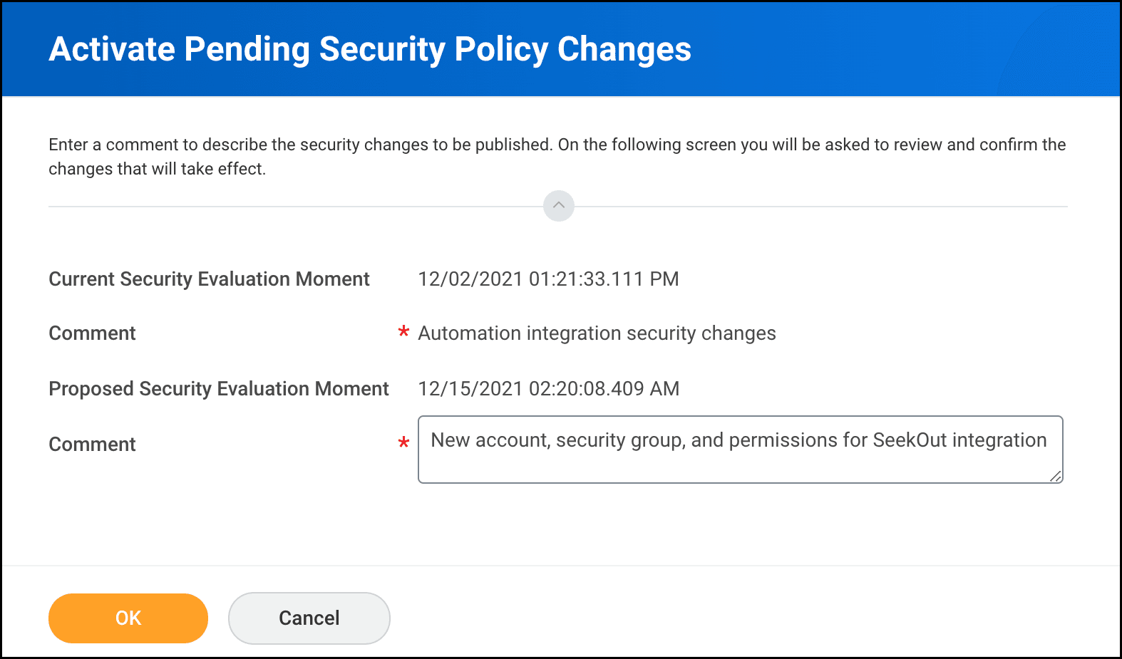 Screenshot of security changes being activated in Workday