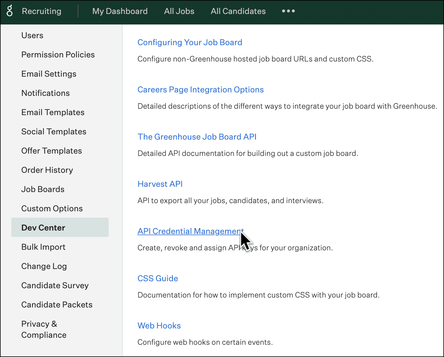 Screenshot of Greenhouse API Credential Management