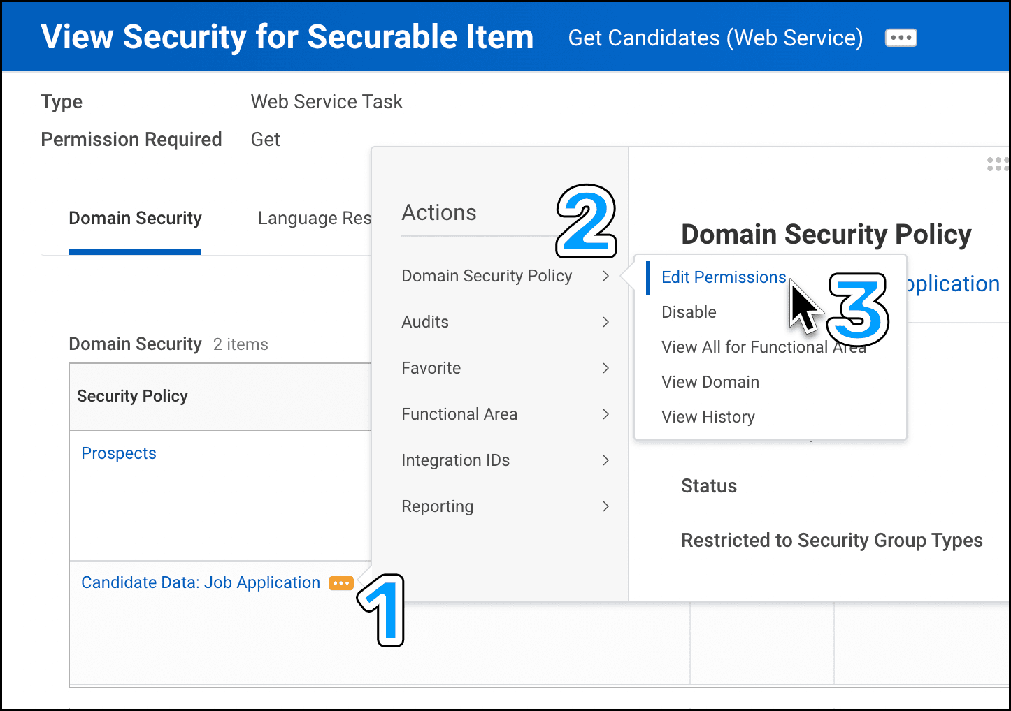 Screenshot of viewing and editing permissions for security item in Workday