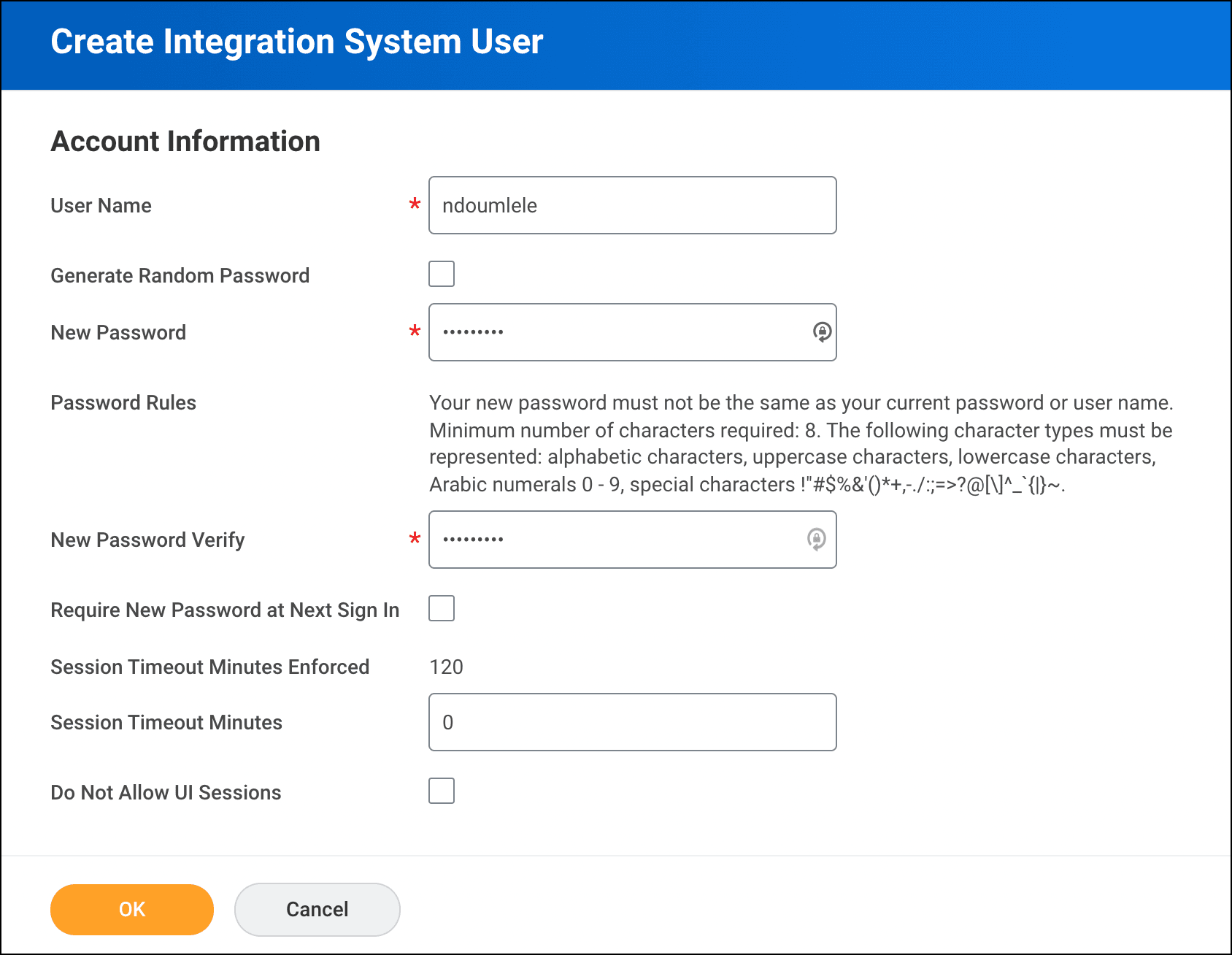 Screenshot of ISU account in Workday for integration