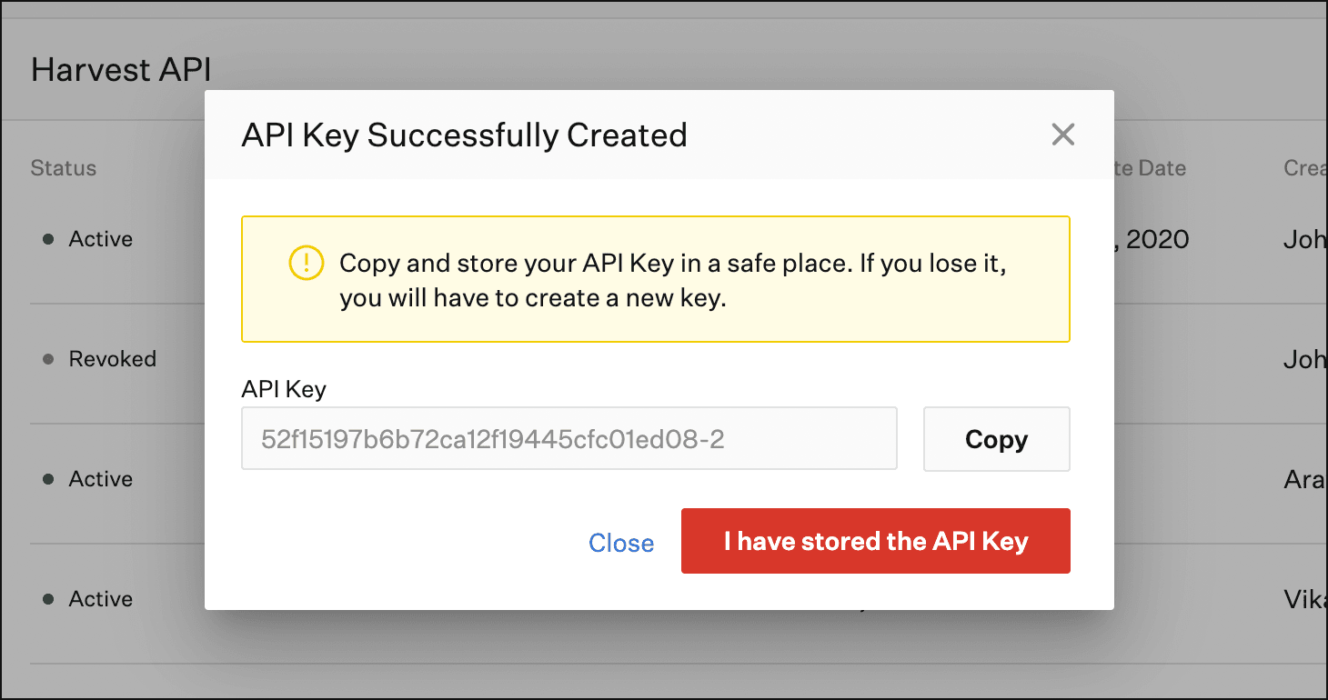 Screenshot of API key successfully stored