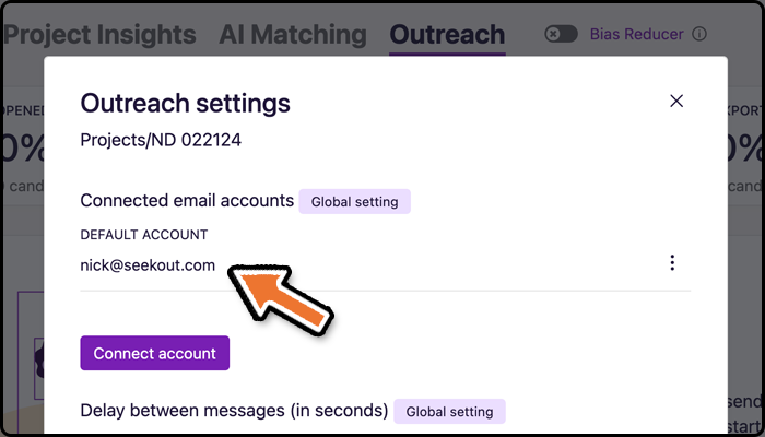 After linking your email, verify you're connected to SeekOut by clicking the settings icon ⚙ and ensure your email is listed under Connected email accounts.