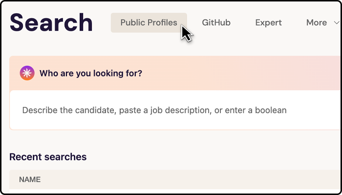 Click Public Profiles on the Search page to access the Public Profile talent pool.