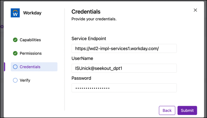 Screenshot of Workday credentials