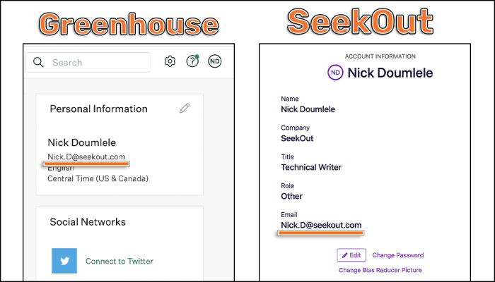 Screenshot of comparing email addresses between Greenhouse and SeekOut