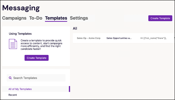 Screenshot of messaging navigation to create new template