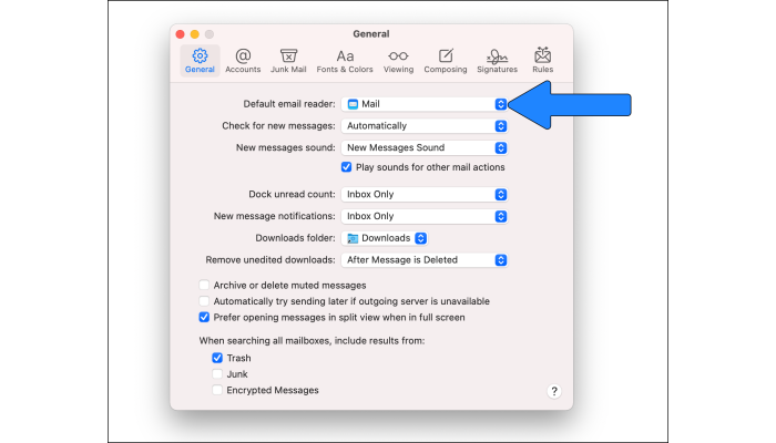 Screenshot of Mac OS settings to adjust default mail application