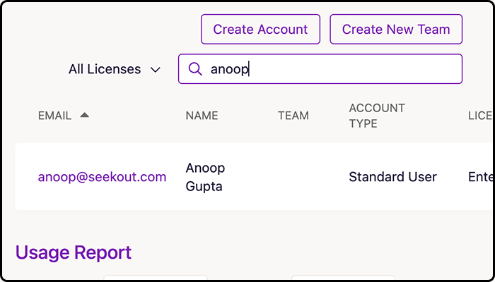 On the Team Administration page, type a search term in the Search Accounts box above your list of users to display only users who match your terms.