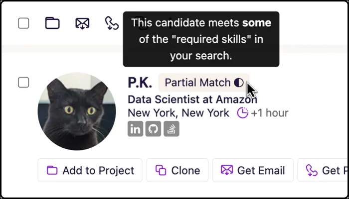Hover your mouse over the Partial Match badge to see why a candidate is a partial match for your credentials.