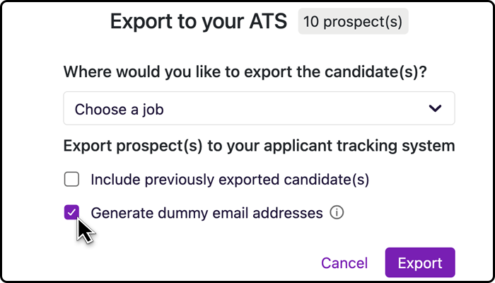 When you check the box 'Generate dummy email addresses' before exporting candidates, then SeekOut will create fake email addresses for any candidates who don't already have an email associated with their profile.