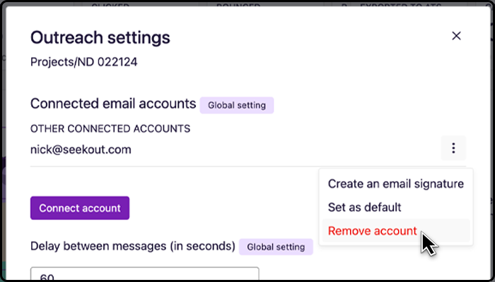 Click the three-dot menu button next to your email and select Remove account to disconnect your email from SeekOut.