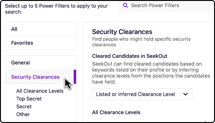 Find the Security Clearance filters inside of the More Power Filters pop-up menu. Check the box next to each filter you wish to apply, then click Done.