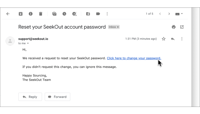 Screenshot of email to reset password