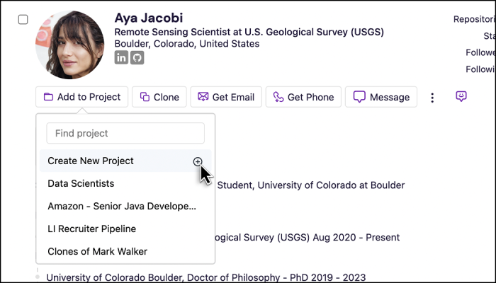 Screenshot of adding candidates to a project