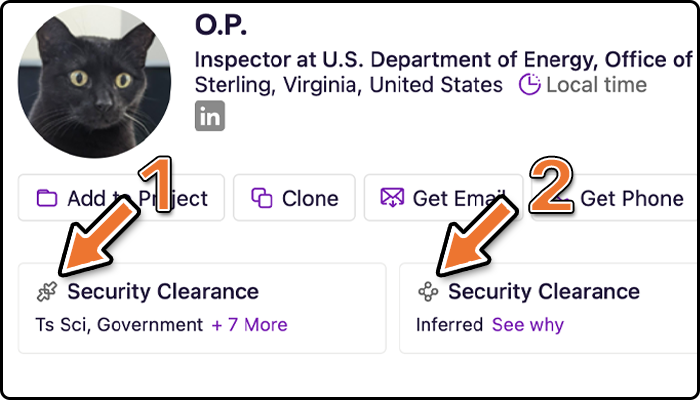 In the Key Matches section of a candidate profile, you can see if a candidate's clearance has been listed in their profile (1), or if SeekOut has inferred their clearance level (2).