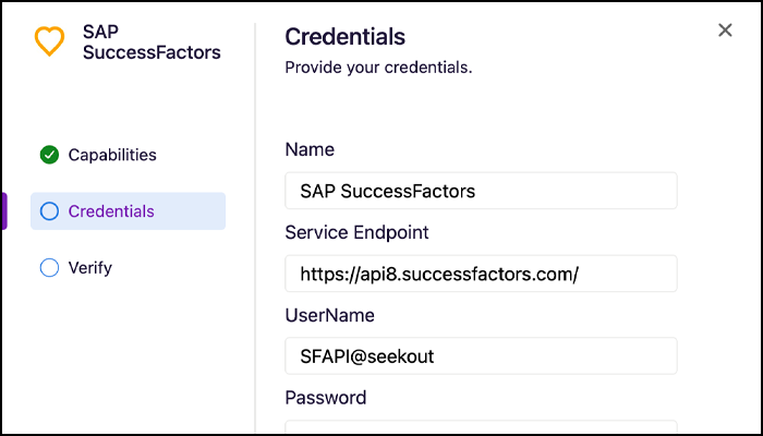 Enter your Service Endpoint, username, and password to set up your SuccessFactors integration.