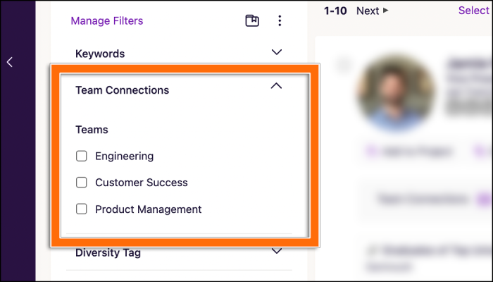 Screenshot of team connections filters
