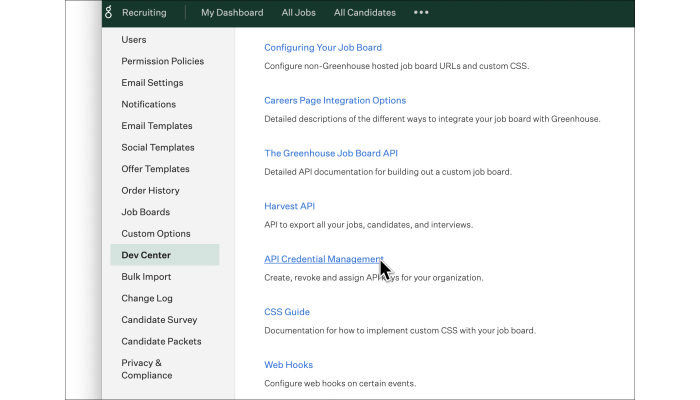Screenshot of creating API Key in Greenhouse