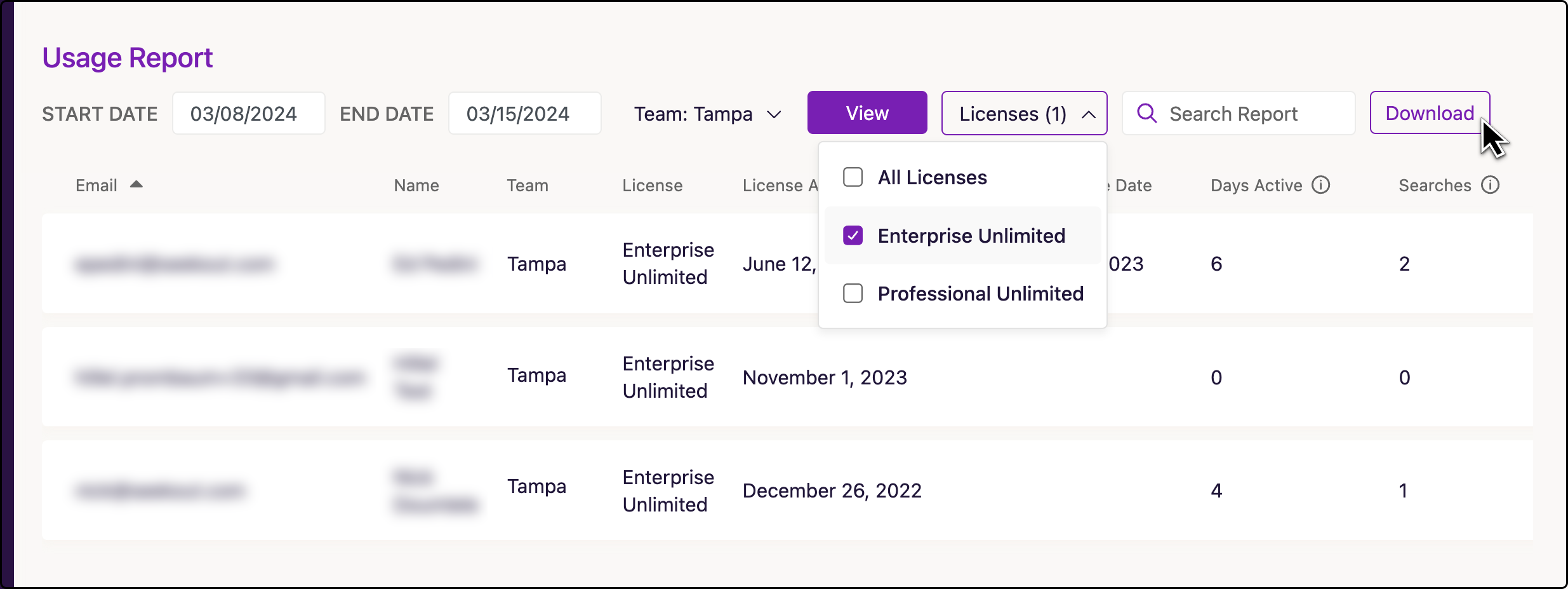 Before you download a Usage Report, you can use the License filter to only display and export users with specific licenses.