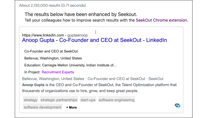 Screenshot of Google search results page with added extension