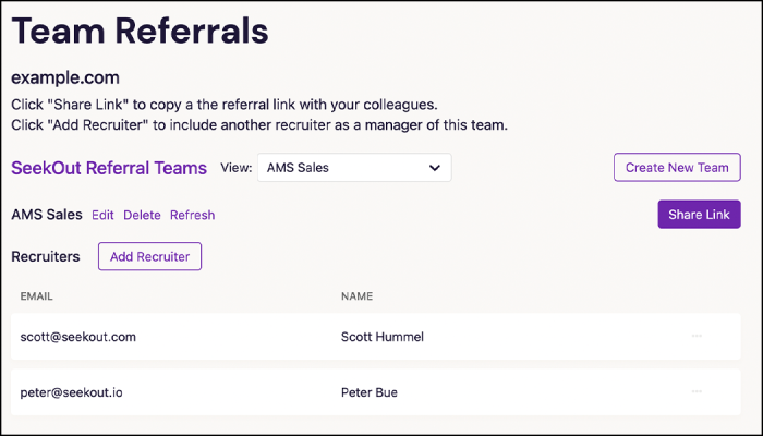Screenshot of team referrals management page