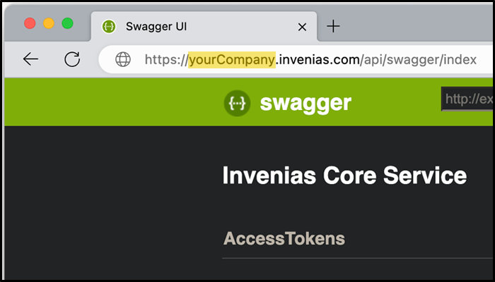 Navigate to the API page for Invenias. Make sure to replace the highlighted 'yourCompany' with the company name from your Invenias URL.