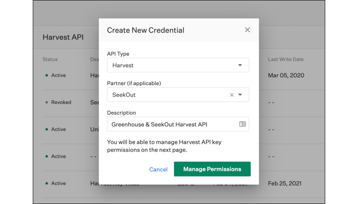 Screenshot of new Harvest API type in Greenhouse