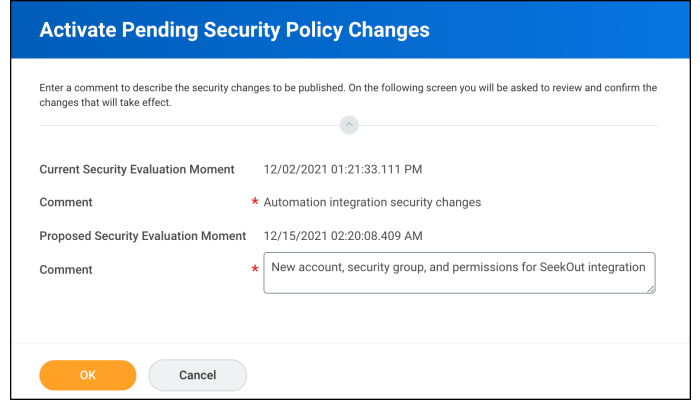 Screenshot of security changes being activated in Workday