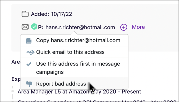 Report bad email address option