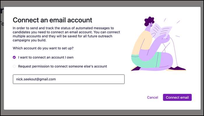 Choose whether you want to connect an email account you own or if you want to request permission from a coworker to connect their email to your SeekOut messaging feature.