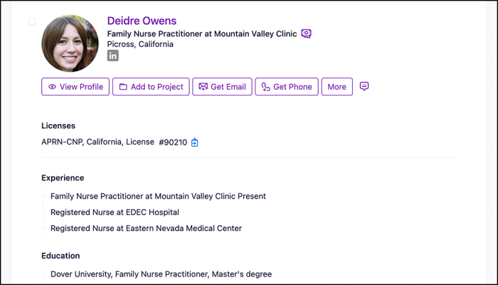 Candidate profiles show the prospect's name, current title, current company, location, any nursing licenses they have, as well as a brief synopsis of their experience and education. Click View Profile to view the full candidate profile on a new page.