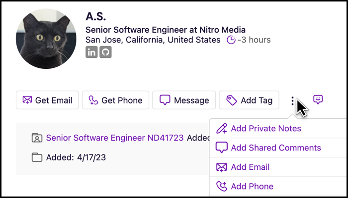 To add a note or comment, click the three-dot menu button on a candidate profile and select Add Private Notes or Add Shared Comments.