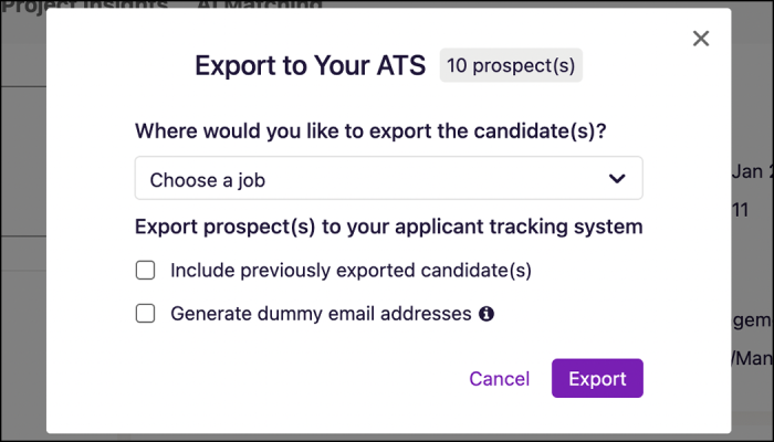 Screenshot of exporting to your ATS
