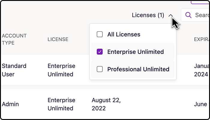 To filter recruiters in your org by their license type, go to Team Administration, scroll to your list of SeekOut Accounts, and click License above the list of users.