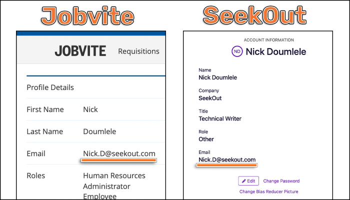 Screenshot of Jobvite and SeekOut email addressses