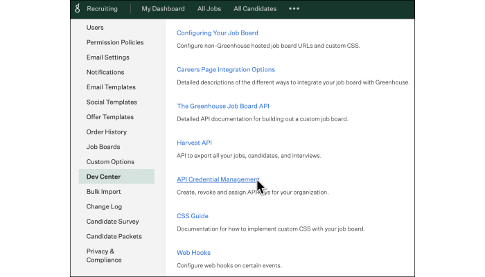 Screenshot of Greenhouse API Credential Management