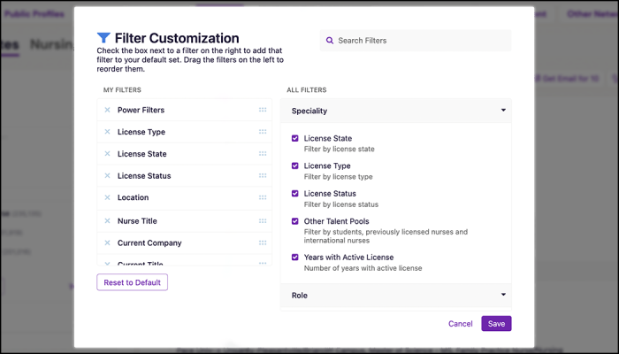 Click Manage Filters to open the Filter Customization pop-up. Check the box next to a filter to have it appear on the Filters panel while searching. Click and drag the filters under My Filters to rearrange their order. Click Save to save your changes.
