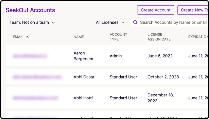Screenshot of SeekOut Accounts administration options to create accounts and new teams
