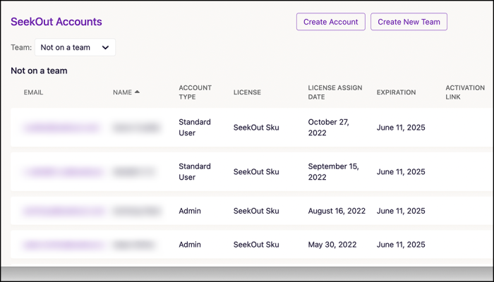 Screenshot of SeekOut Accounts administration options to create accounts and new teams