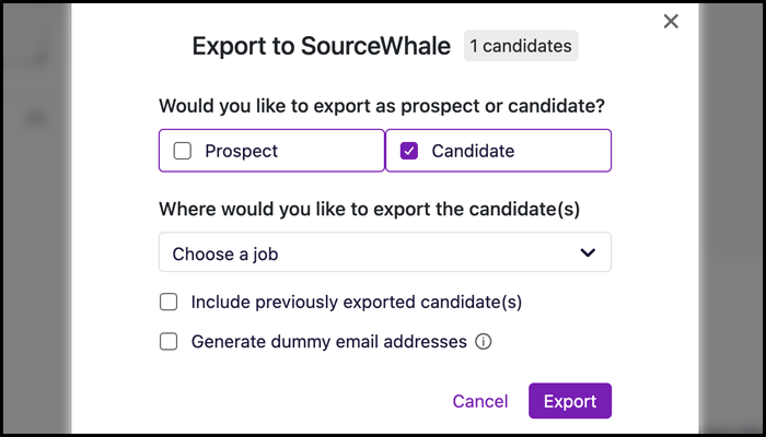 Prospects will be attached to a selected Campaign in SourceWhale, whereas Candidates will be attached to a selected Job in SourceWhale.