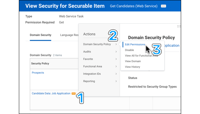 Screenshot of viewing and editing permissions for security item in Workday