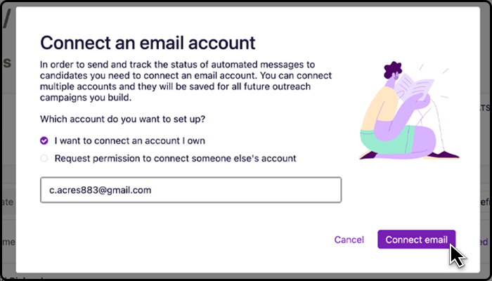 As a hiring manager, after you're logged into your free SeekOut account, you can connect your email to SeekOut so your recruiters can send emails to candidates on your behalf using your email address.