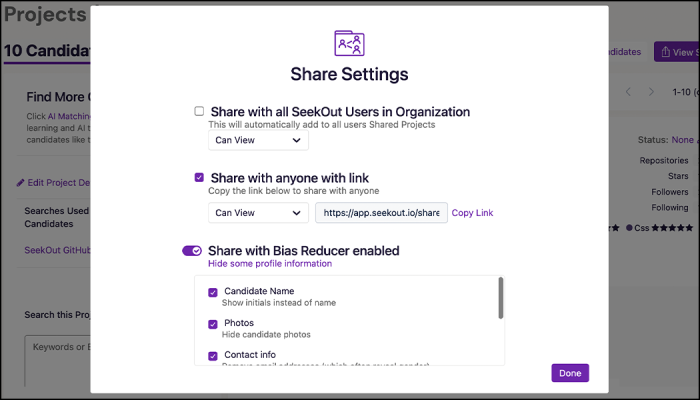 Screenshot of share settings with bias reduction enabled